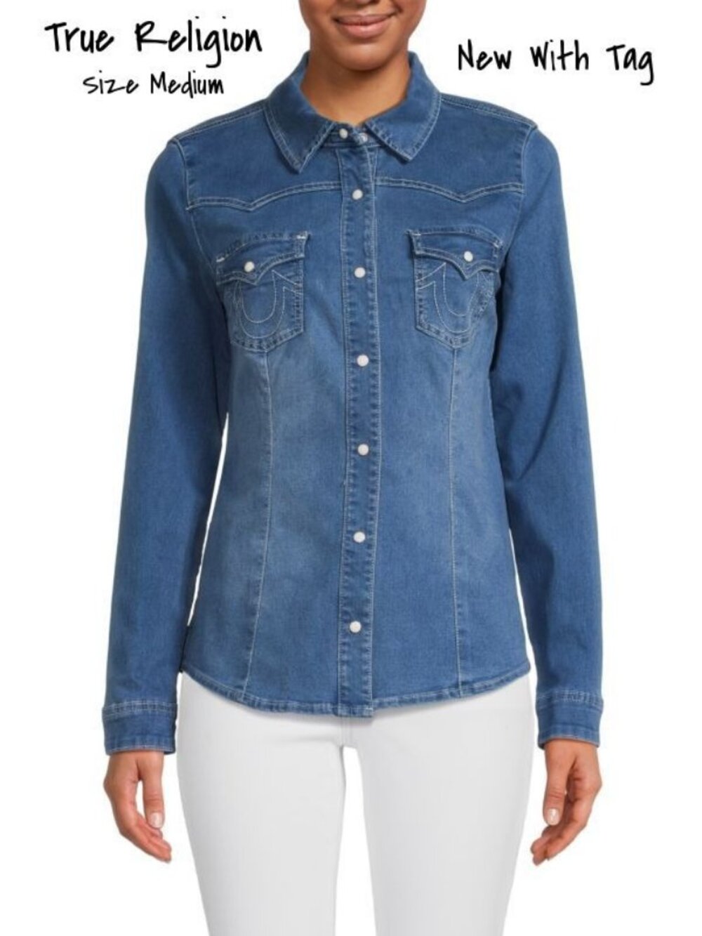 True Religion Women's Medium Pearl Snap Western Denim Shirt - Blue, New with Tag